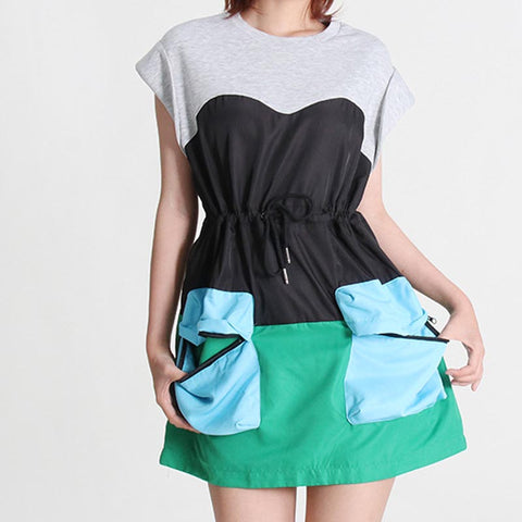 Casual color block pockets drawstring short sleeve dresses
