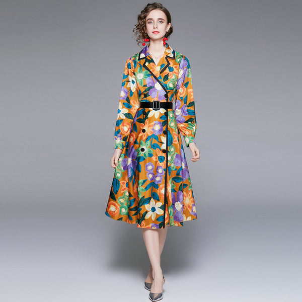 Double-breasted print long sleeve lapel dresses