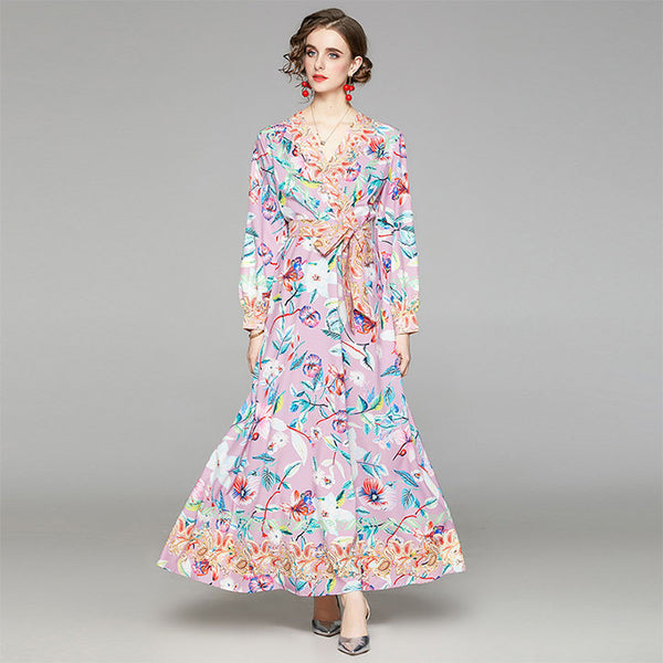 V neck long sleeve print bow tie maxi dresses