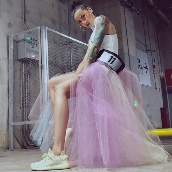 Fashion mesh patchwork denim maxi skirts
