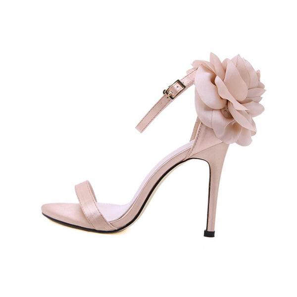 Satin ankle strap big flower thin heel sandals