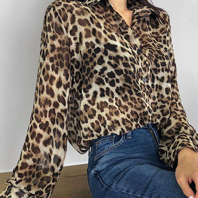 Leopard chiffon single-breasted blouses