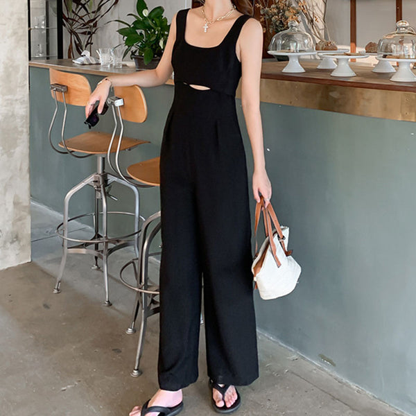 Black cut out front sleeveless jumpsuits