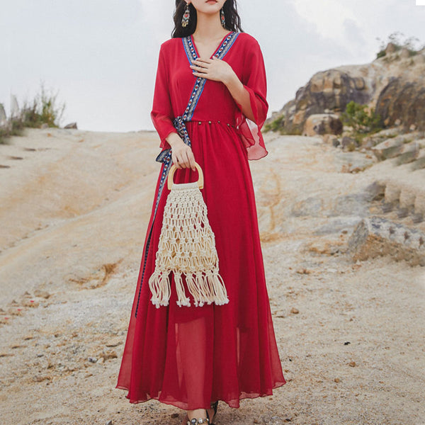 Red boho v-neck chiffon beach maxi dresses