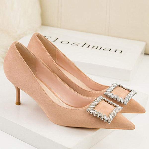 Rhinestone buckle embellished pointed toe heels