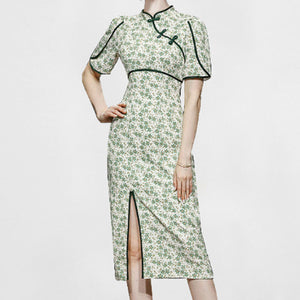 Green floral contrast piping cheongsam dresses