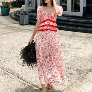 Elegant ruffle print v-neck splitted maxi dresses