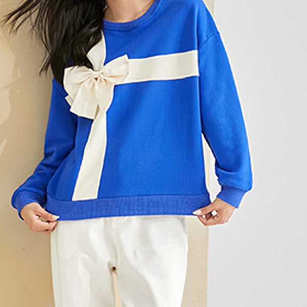 Chic patch bowknot crew neck long sleeve sweaters