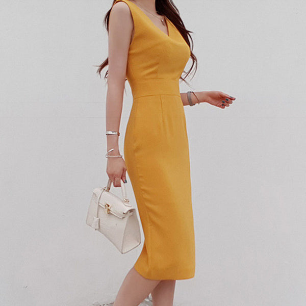 Yellow v-neck sleeveless bodycon dresses