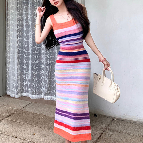Color block knit slim dresses