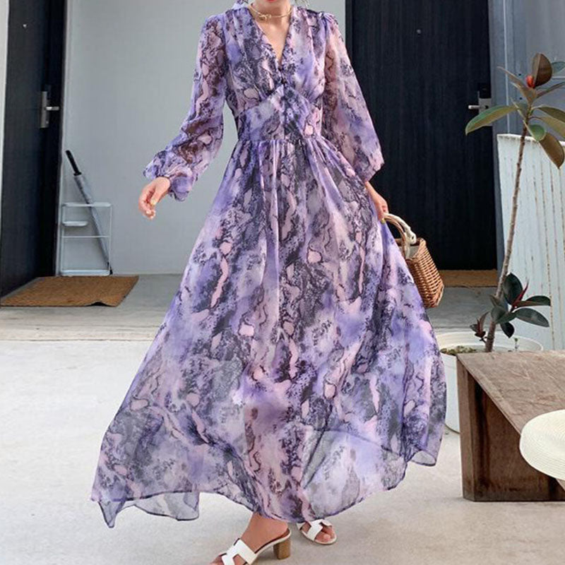 Retro purple v-neck beach dresses