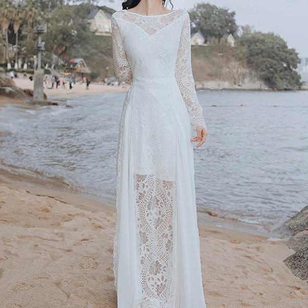 Elegant lace patch long sleeve maxi dresses