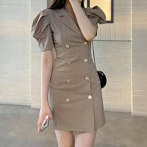 Brief puff sleeve double-breasted blazer dresses