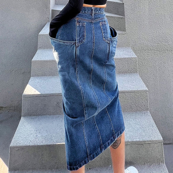 Split asymmetric denim skirts with pockets