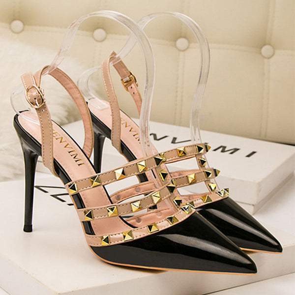 Pointed toe rivet slingback high heels