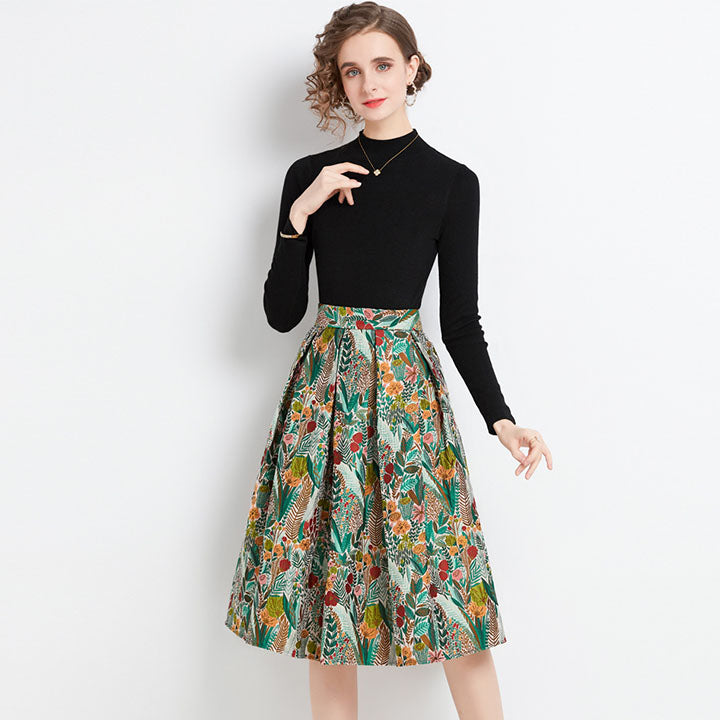 Mock neck long sleeve solid tops & print skirts