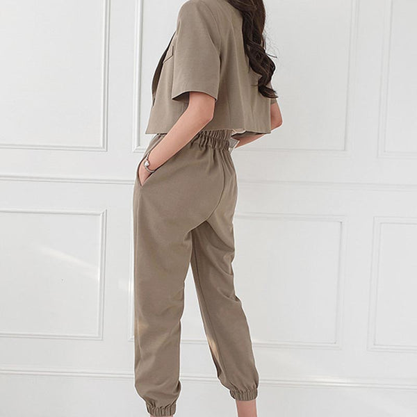 Brief solid lapel short sleeve blazers and elastic waist ankle bended pants suits