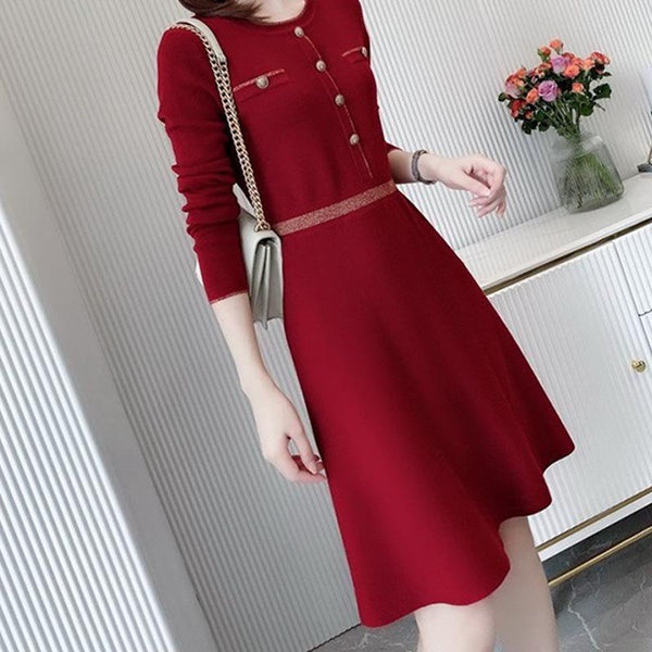 Elegant solid o-neck long sleeve skater dresses