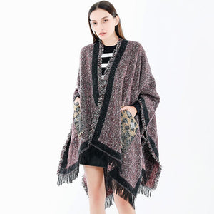 Leopard printed tassel ponchos with pockets