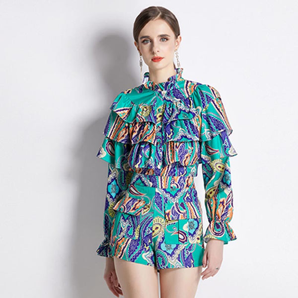 Retro print mock neck layered blouses and short pants suits