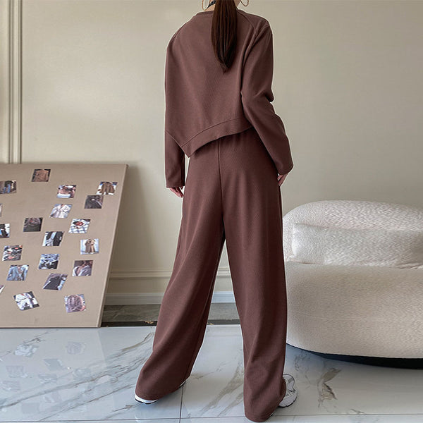 Casual pure color crew neck irregular tops and wide leg pants suits