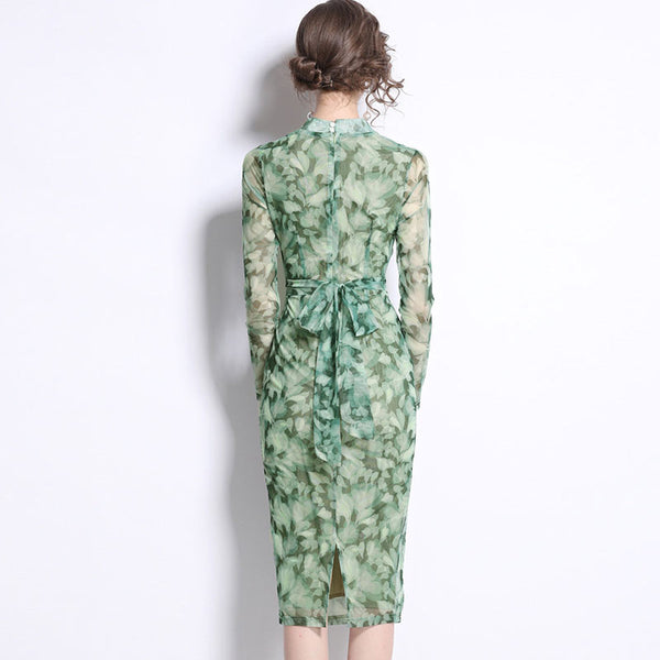 V-neck print long sleeve mesh sheath dresses
