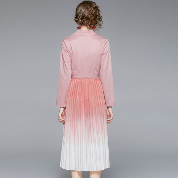 Lapel pleated gradient long sleeve a-line dresses