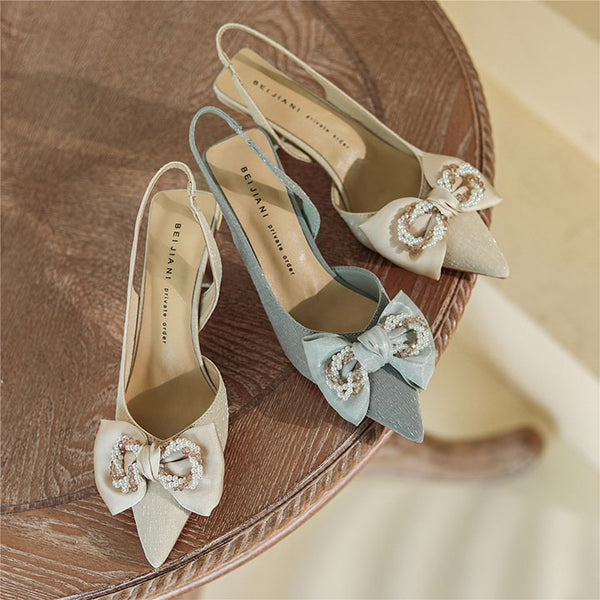 Low fronted bow tie pointed sandals with pearls