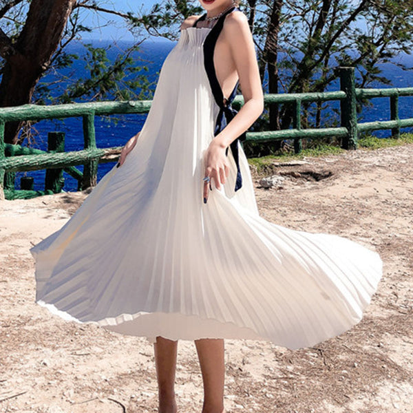 White backless pleated maxi dresses