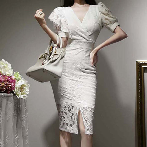 Puff sleeve v-neck split lace sheath dresses