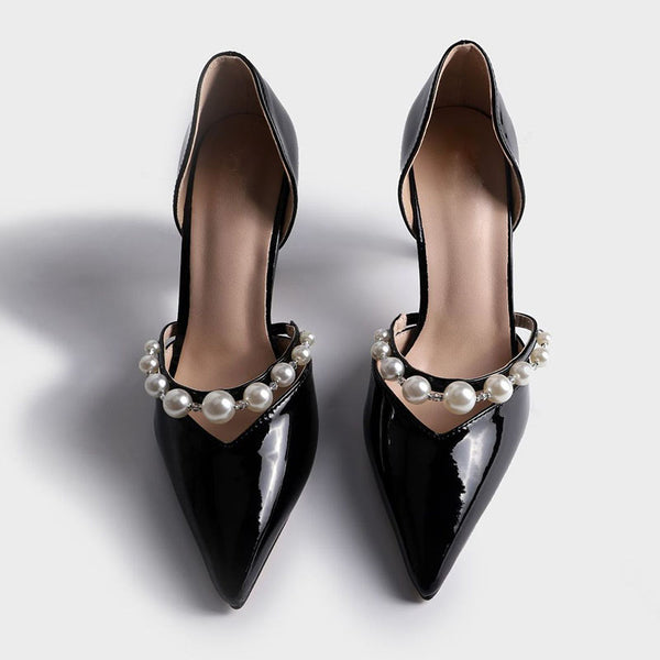 Patent leather pointed toe beaded heels