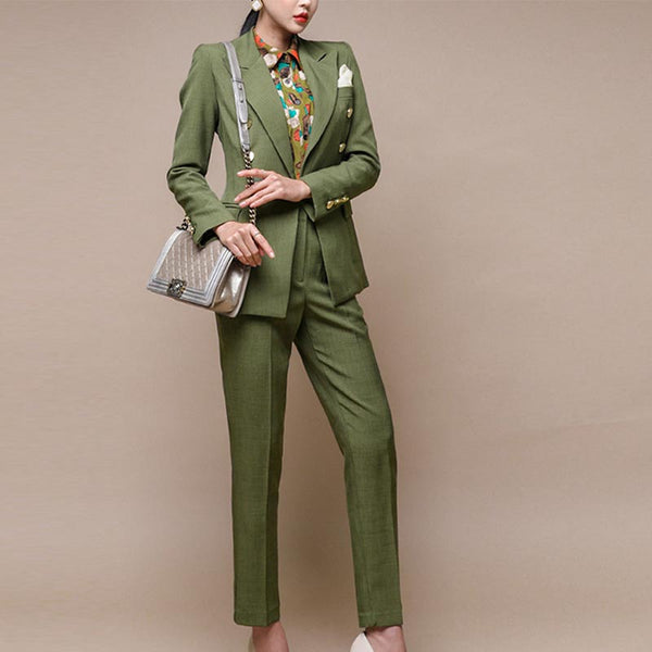 Chic solid lapel double breasted blazers and stright pants suits