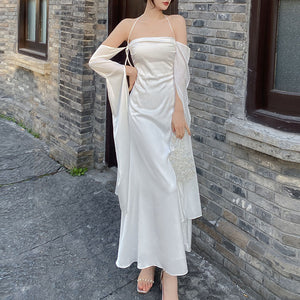 Off-the-shoulder backless white maxi dresses