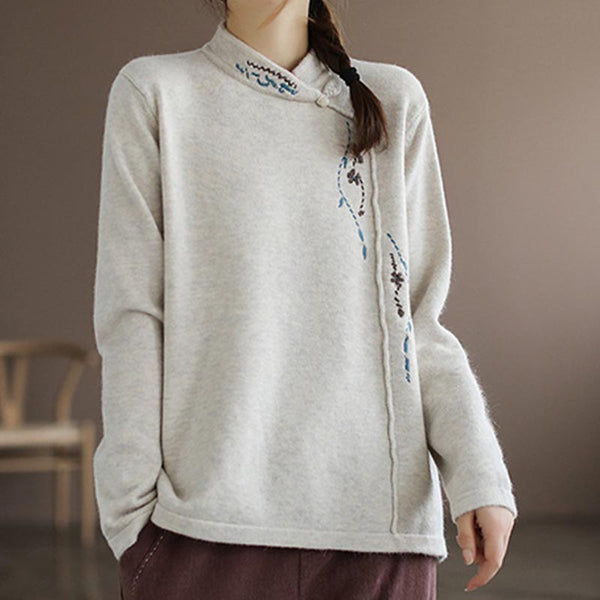 Ethnic embroidery mock neck long sleeve sweaters