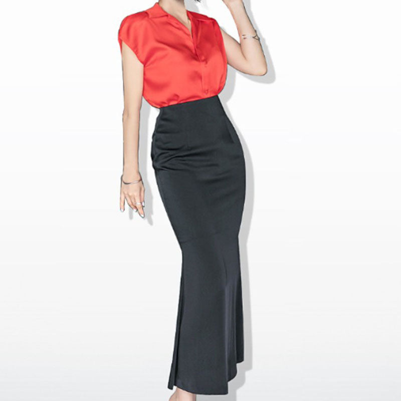 Turn-down collar cap sleeve shirt peplum skirt suits