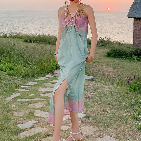 Beach gradient v-neck split maxi dresses