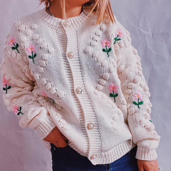 Flower embroidery long sleeve button up knitting cardigans
