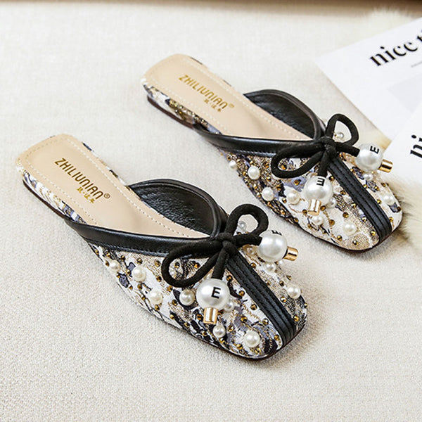 Fashion beaded bowknot low-fronted flat slippers