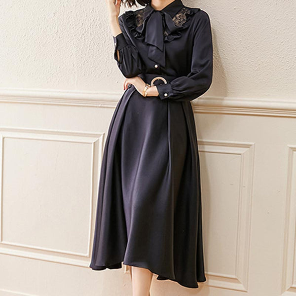 Brief lace patch long sleeve blouses and high waist a-line skirts suits