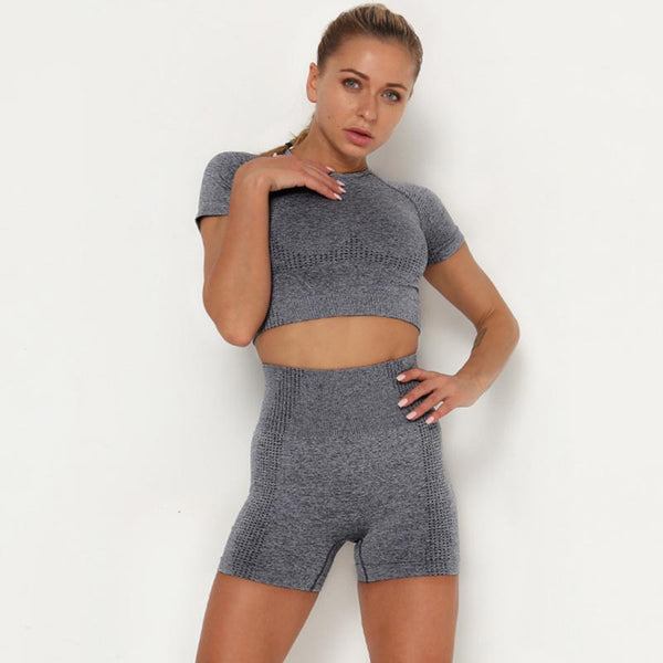 Short sleeve solid high waisted tight tracksuit