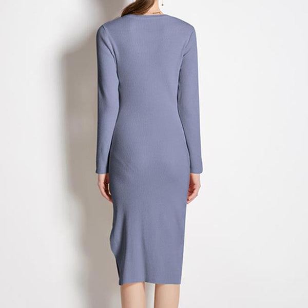 Solid hollow out o-neck long sleeve belted slim dresses