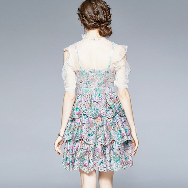 Floral openwork sweet lace cupcake a-line dresses