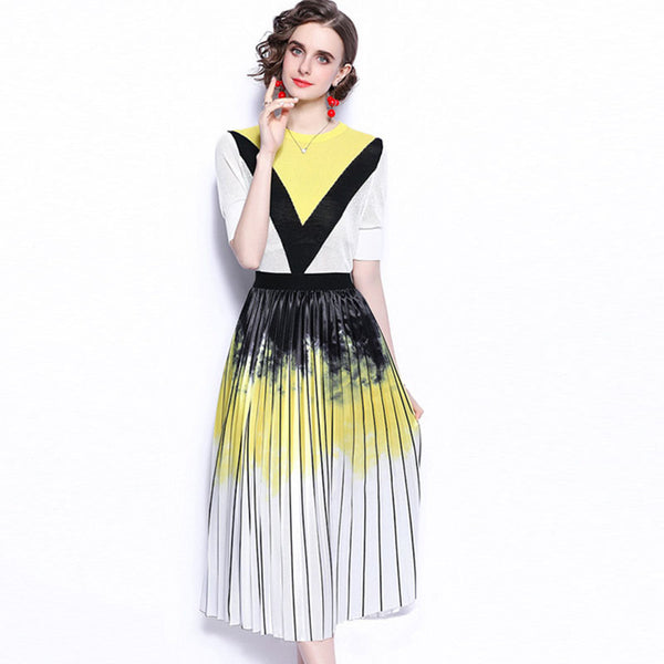 Color blocked knitted top print pleated skirt suits