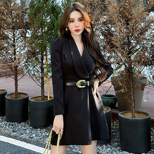 Elegant black long sleeve belted blazer dresses