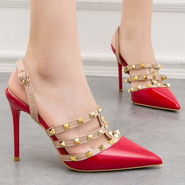 Pointed toe rivet slingback high heels