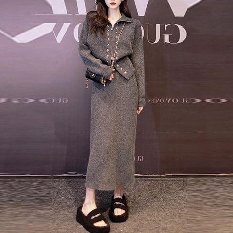 Casual grey lapel long sleeve sweaters and solid knitting skirts suits