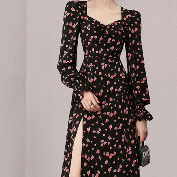 Elegant floral v-neck long sleeve split dresses