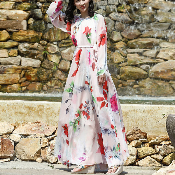 Floral begonia print belted big hem maxi dresses