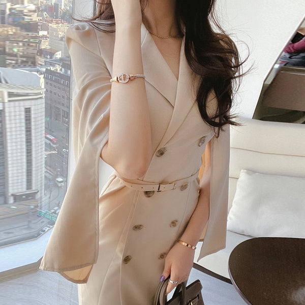 Solid double-breasted lapel belted bodycon dresses