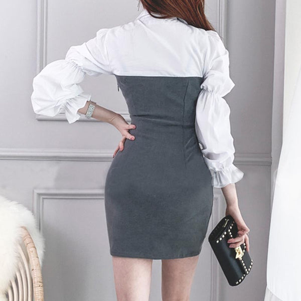 Office patchwork puff sleeve tie bodycon dresses